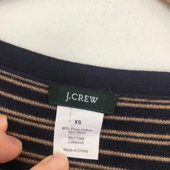 J. CREW Microstripe Cardigan Navy Blue Tan Elbow Patch Cotton WOOL Sweater sz XS - Image 3 of 4
