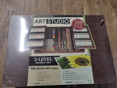 Art Studio by Battat 168 Piece Set Paint Pastels Pencils 2-Tier Wood Case NEW
