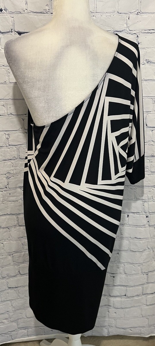 BCBG MaxAzria Black White Striped Dress One Shoulder Midi Large | eBay