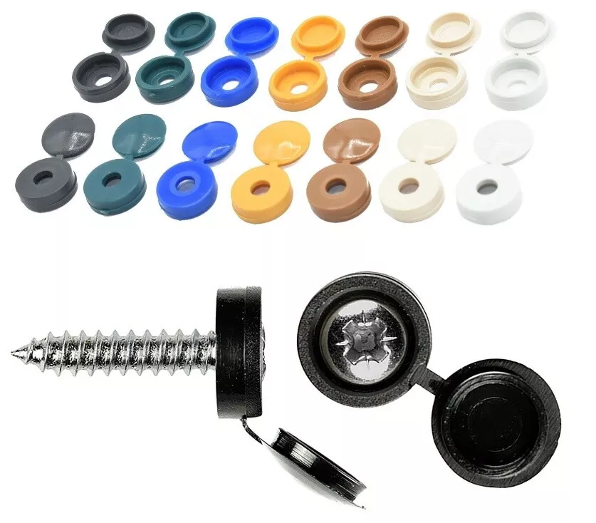 SMALL PLASTIC HINGED SCREW COVER CAPS BLACK YELLOW WHITE GREY