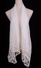 W41 Elegant Cotton Lady's Long Scarf Shawl Embroidery Floral Lace Edging Ivory