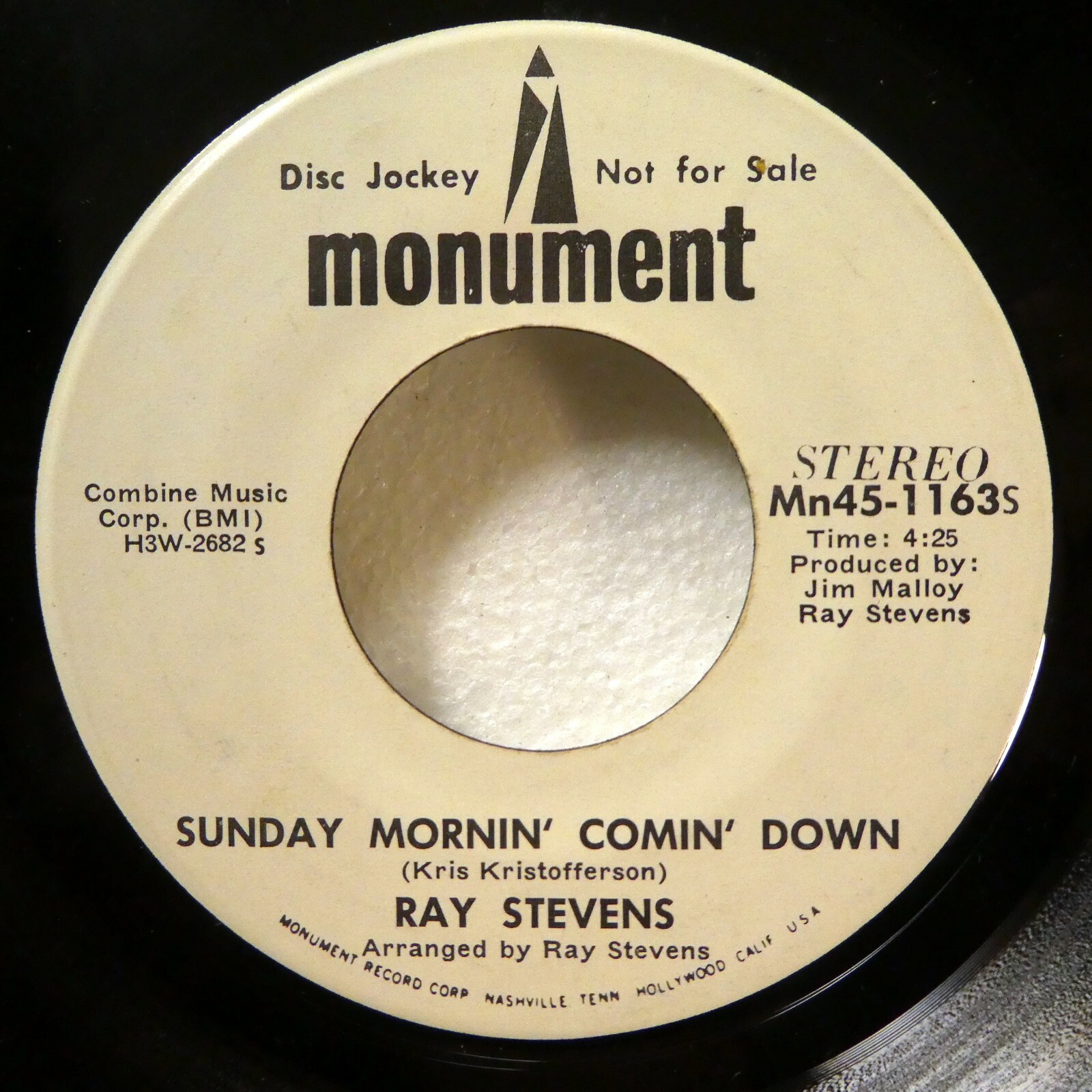 RAY STEVENS 45 Sunday mornin comin down MONO/Stereo MONUMENT country  Ct 2649