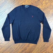Polo Ralph Lauren Sweater Mens L Blue Pullover Pima Cotton V-Neck Red Pony