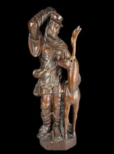 Large Black Forest Style Wood Carving Of A Hunter With Deer 19th Century AS IS