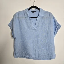 Saks Fifth Avenue Top Small Sky Blue Linen Cap Sleeve Popover Collar Women's XS
