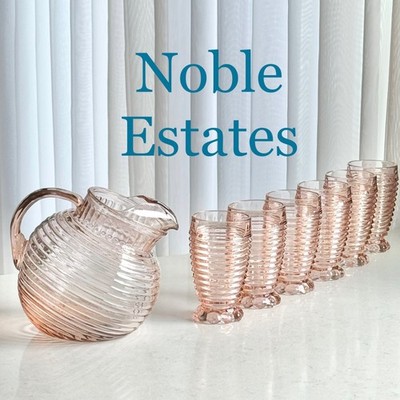 Vintage Anchor Hocking Manhattan Pink Ball Jug Pitcher & 6 Glasses (c 1938-1943)