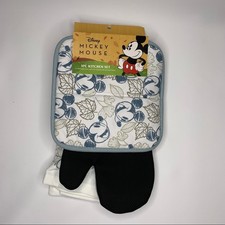 Disney Mickey Mouse Blue Fall Leaves Kitchen Towel Pot Holder Oven Mitt 3pc Set