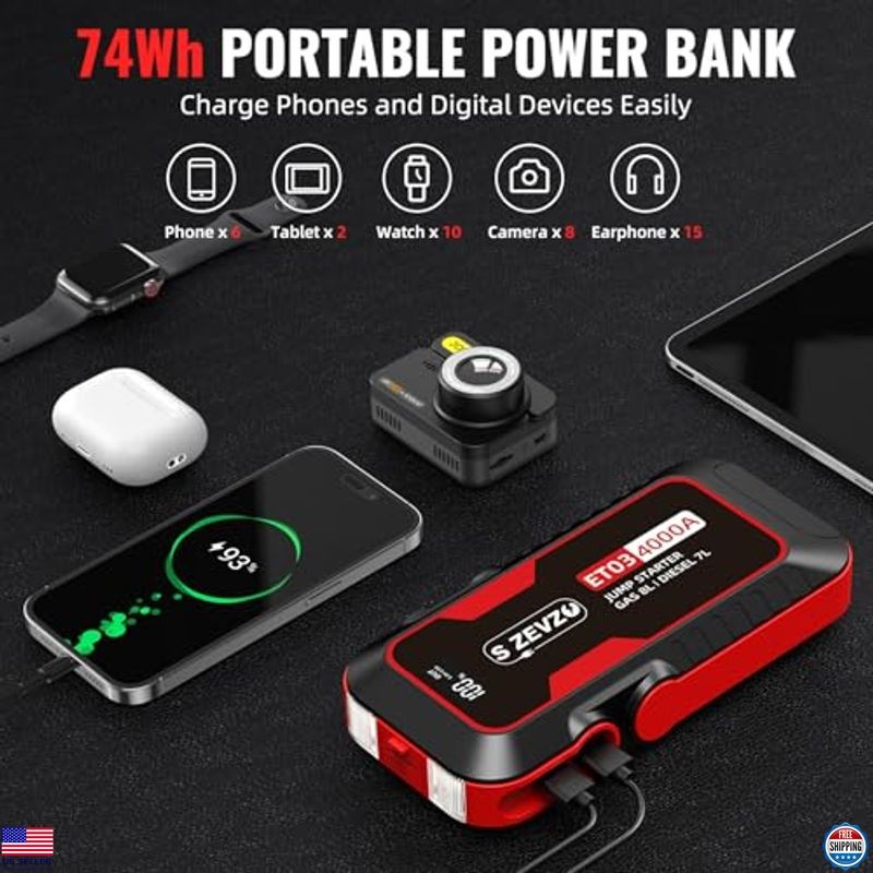 S ZEVZO ET03 4000A Car Jump Starter - 74Wh for 8.0L Gas & 7.0L Diesel Engines