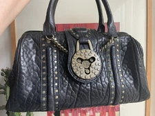 Botkier black pebble leather studded turnkey lock satchel handbag vintage