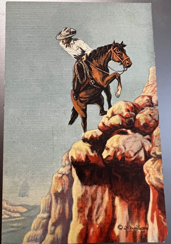Linen Postcard  Cowboy on Horse Cowboy Artist  L.H. Larsen "Trail of Life"  1939