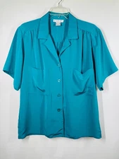 Jones New York Separates Vintage Womens Size 12 Teal Blue Button Up Short Sleeve