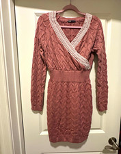 SHEIN Women’s M Pink Solid V-Neck Long Sleeve Knit Lace Trim Sweater Dress S