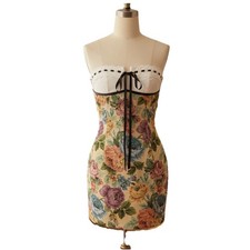 PrettyLittleThing stone, floral twill tapestry, bandeau bodycon mini dress lg