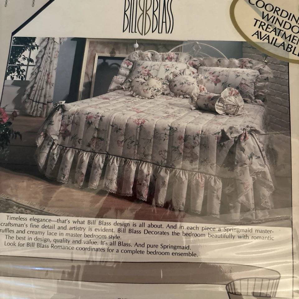 Bill Blass Springmaid Romance Rose Quilted Bedspread Ruffle Queen Vintage - Image 3 of 4