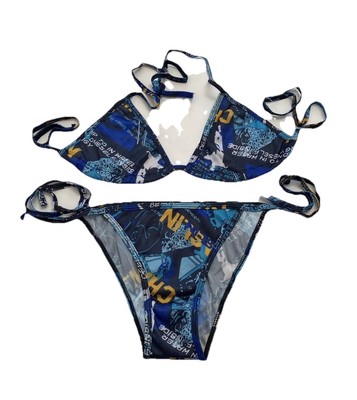 Bikini Chun s  Fashion Two Piece Classic Tie String BLUE Sandy Beach Print NWOT