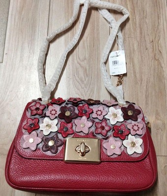 COACH Women s Tea Rose Flower Motif Chain Strap Leather Shoulder Crossbody Bag
