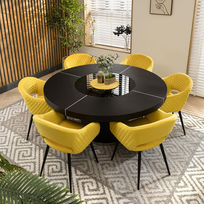 Modern Seater Round Dining Set Lazy Susan Black Oak Yellow 160cm UK