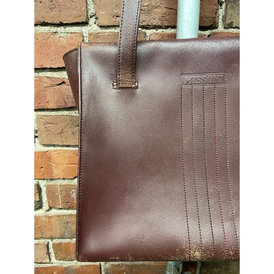 Missoni Leather Tote Bag Burgundy Textured Stitch Shoulder Purse Womens M VTG - Image 4 of 4
