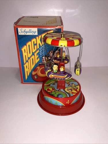 Schylling Rocket Ride Tin Wind-Up Toy Carousel w/ Box – Works Video!