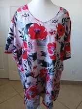 Elle Womens Blouse Tunic Pink Floral V-neck Short Sleeve Pockets Size 3XL Casual