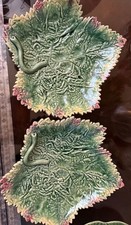 Bordallo Pinheiro Majolica Leaf Plates Green Pink Snake Ceramic Portugal Set