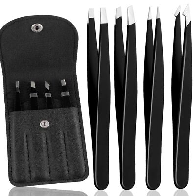 Juego de pinzas para depilar cejas de acero inoxidable de 4 piezas + estuche