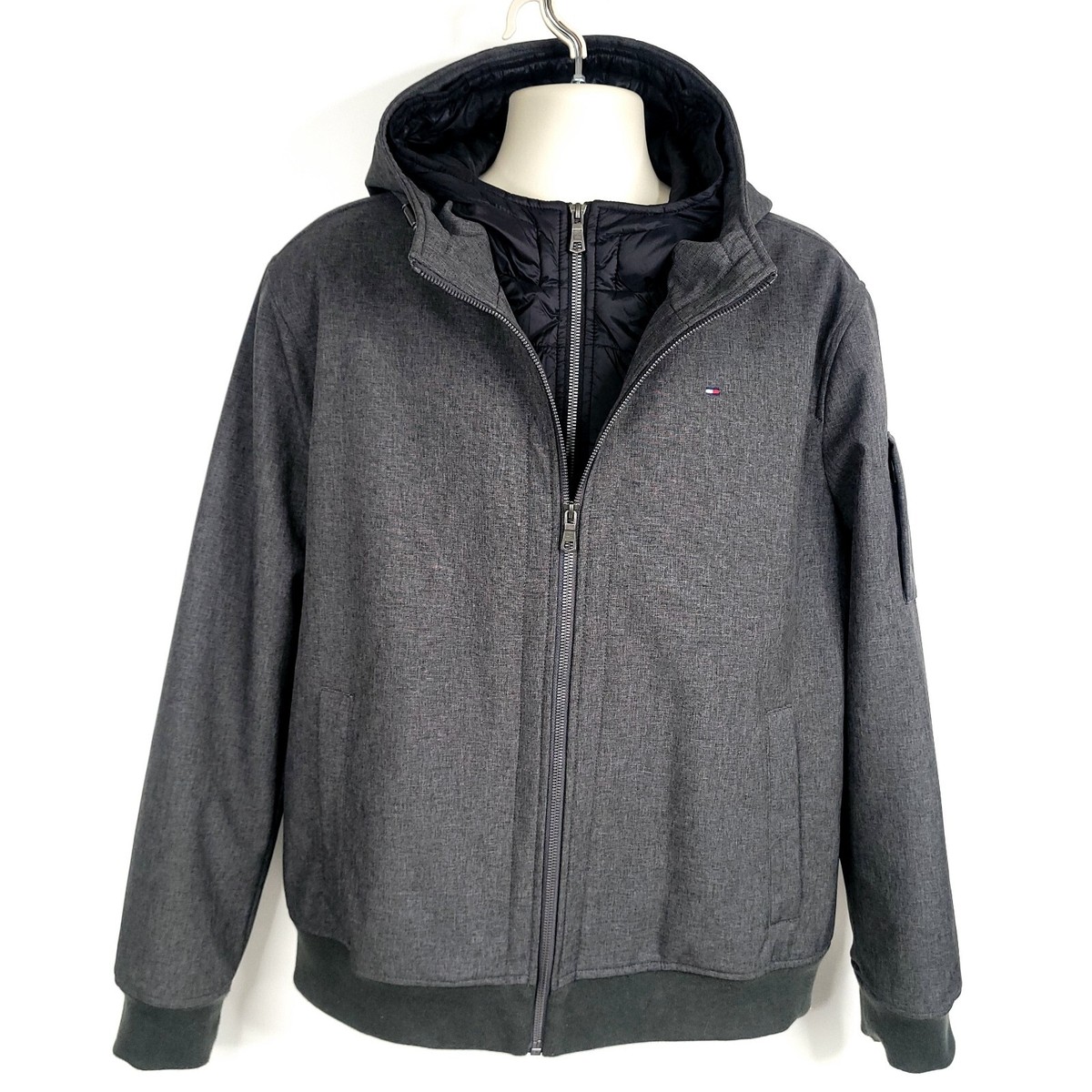 Tommy Hilfiger Mens Jacket XL Gray Full Zip Hooded Pockets Quilted 