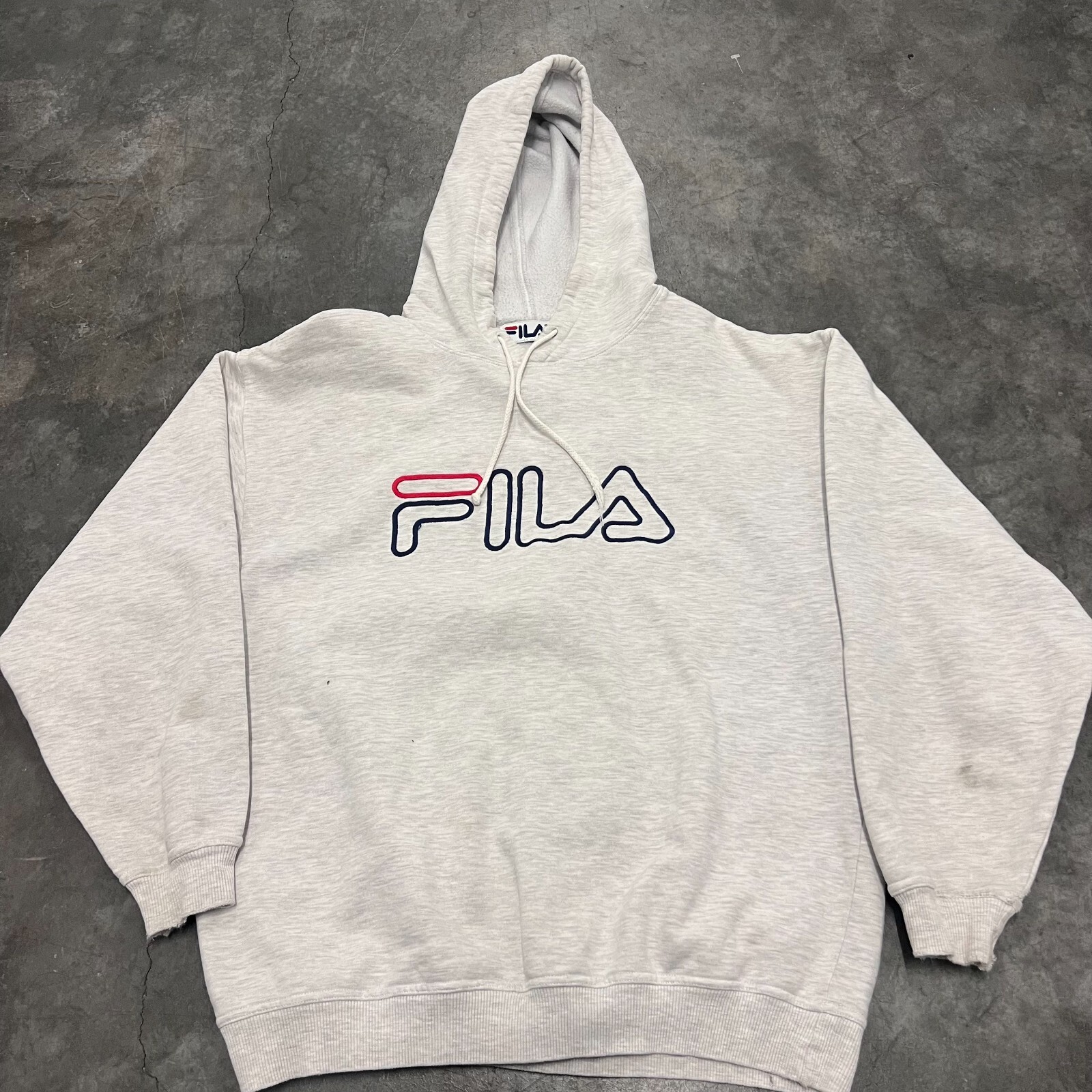Taglia M Felpa con cappuccio VINTAGE FILA uomo grigia foderata in pile con cappuccio logo scritto