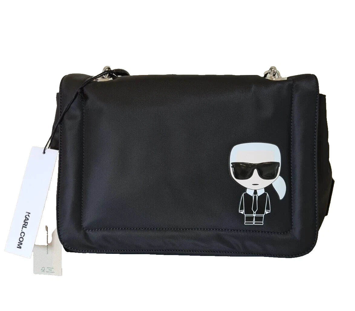 Karl Lagerfeld Black Nylon Hand Bag with Logo Chunky Chain Strap New with Tags