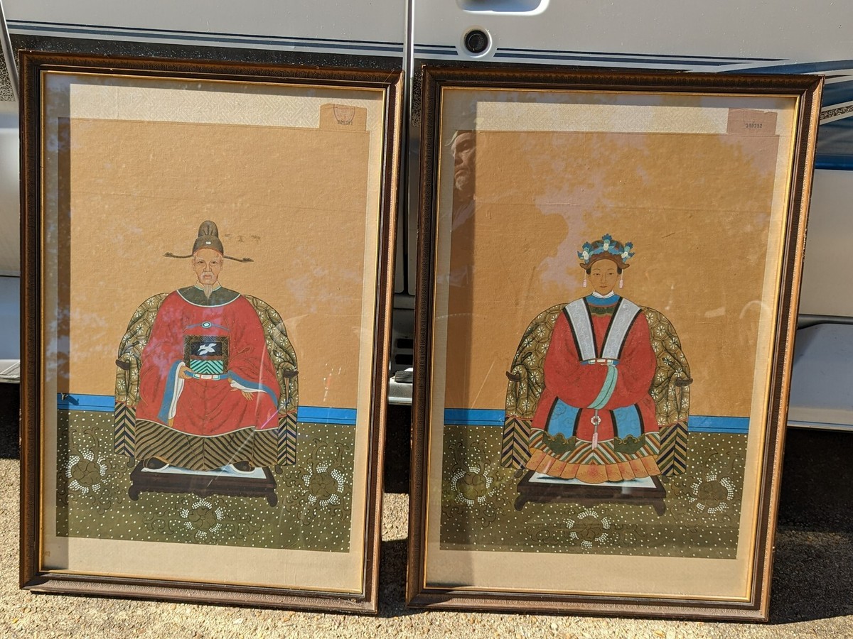 Antique Chinese Framed Paintings on Silk Emperor & Empress