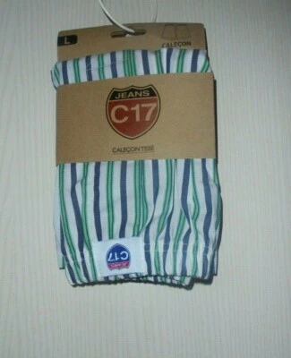 C17 JEANS CALEÇON 100% COTON TISSE TAILLE L RAYURES MULTICOLORE BLEU VERT BLANC - Photo 1/4