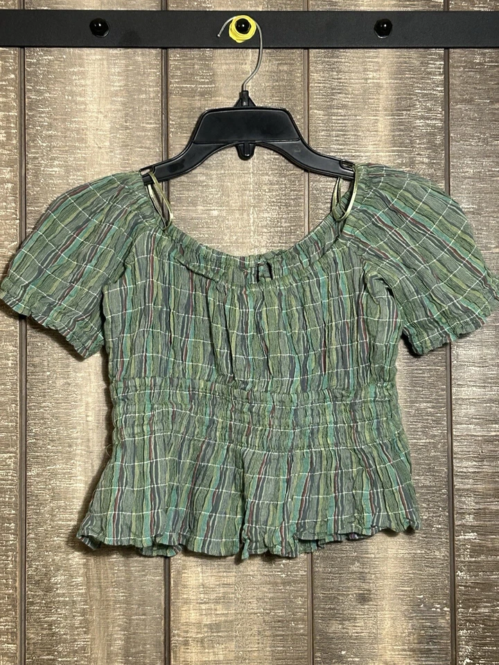 Free People Vivi 缩褶作物上衣绿色条纹波西米亚袖口节日小号 — 第 2/4 张图片