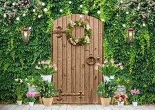 7x5FT Green Leaves Photography Backdrops Wood Door Nature Leaf Flowers Backdr...