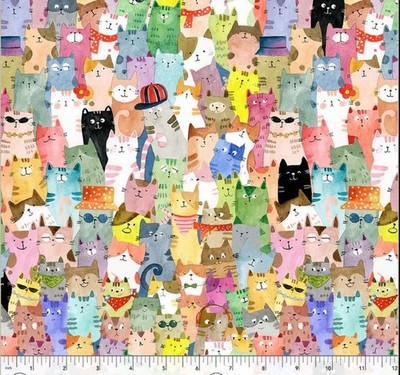 Cotton Cats Around Town Colorful Kittens Hats Fabric Print by Yard D386.49