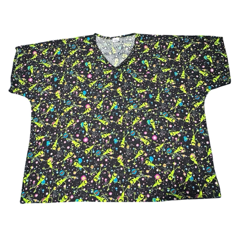 S.C.R.U.B.S Y2K 2XL Alien Space Print Scrub Top Neon Galaxy 90s Nostalgia Cotton - Image 2 of 4