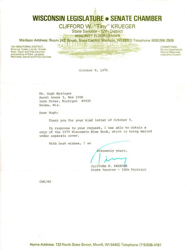 CLIFFORD 'TINY' KRUEGER - Wisconsin Politician / Circus Performer - Autograph
