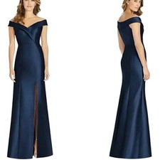 NWT Alfred Sung Off-The-shoulder Cuff Trumpet  Gown Slit Midnight Navy Blue 12