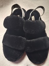 Women's UGG Oh Yeah Black Sheepskin Fluffy Slip-On Slingback Slippers Size 8