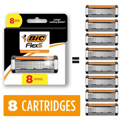 BIC Flex 5 Razor Blade Refills for Men 8/12 Pack Refillable Cartridges Smooth...