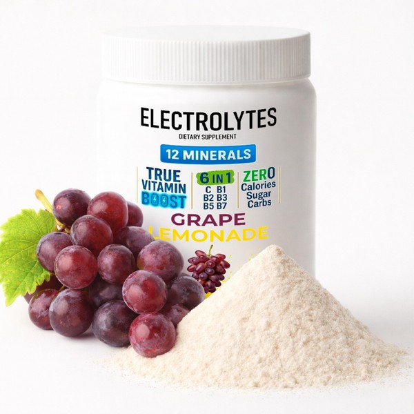 Polvo de hidratación complejo electrolítico | 12 minerales + 6 vitaminas | sabor a uva