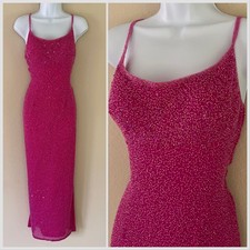 Vintage SCALA Y2K Pink Beaded Silk Maxi Gown Dress Medium Sequin Prom Wedding