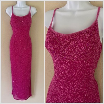 Vintage SCALA Y2K Pink Beaded Silk Maxi Gown Dress Medium Sequin Prom Wedding
