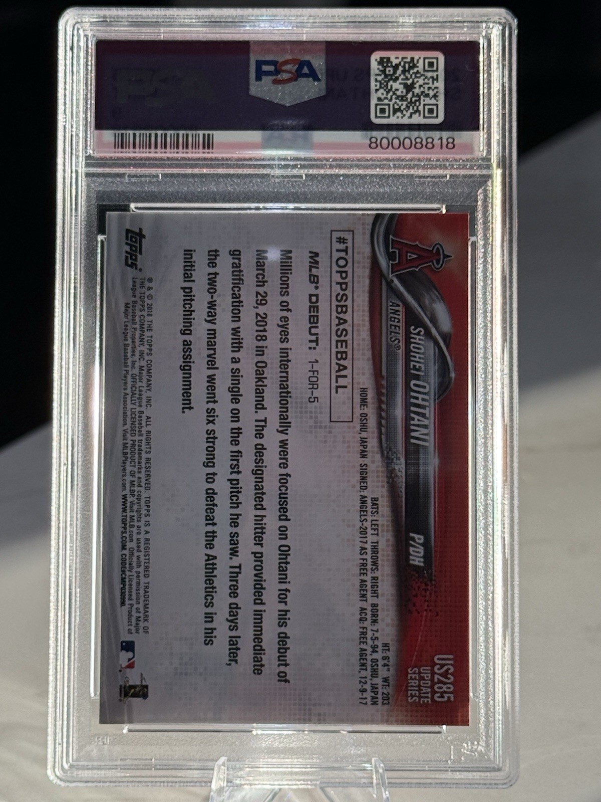 2018 Topps Update Shohei Ohtani Rookie Debut #US285 PSA 9 MINT Angels RC view 2