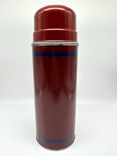 Vintage Aladdin Economy Red Metal Thermos Double Blue Stripes Made In USA