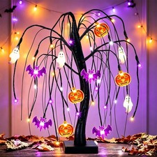 18 Inch Prelit Black Willow Halloween Tabletop Tree W/ Lights Timer Decor