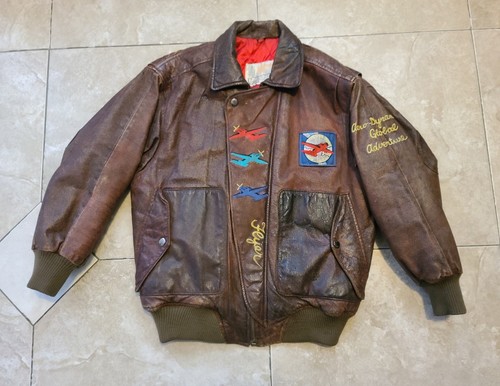VTG London Fog Leather Bomber Jacket Aero-dynamic Global Adventures Youth XL - Picture 1 of 20