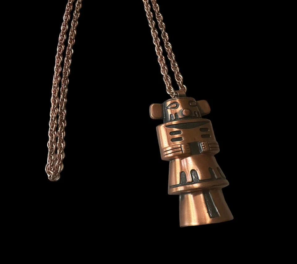 Vintage Pendant Solid Copper Incan Mayan Aztec Figurine Necklace Bell Trade Rare - Image 2 of 4