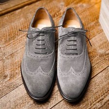 Handmade Men Gray Suede Leather Oxfords Dress Shoes Formal Lace Up Oxfords