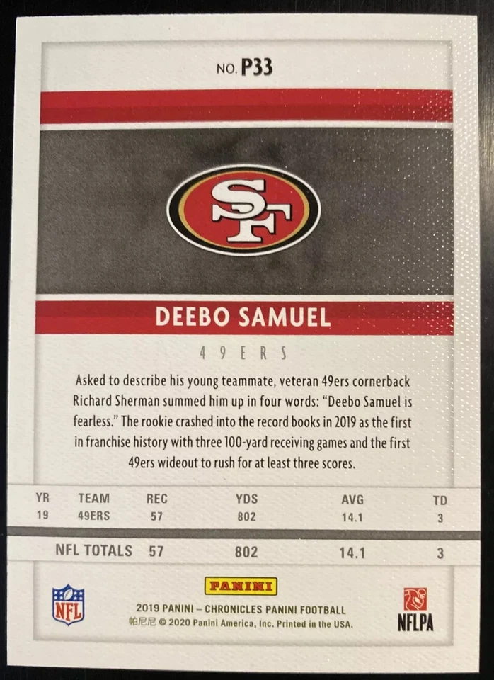 2019 Panini Chronicles DEEBO SAMUEL RC CANVAS RED PARALLEL #P33 49ERS /199 - Image 3 of 3