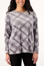 Denim & Co. Printed Velour Pullover with Hi-Low Hem Grey Plaid
